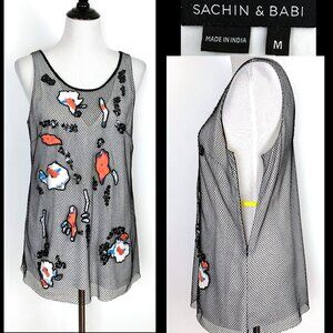 Sachin + Babi Black Mesh Sleeveless Top Abstract Patches & Sequins Medium